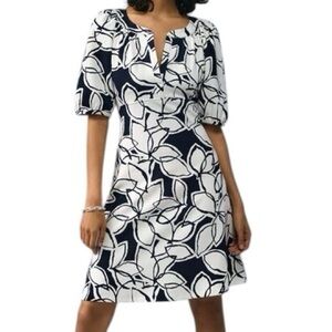 Joseph Ribkoff Dark Midnight Navy and White Leaf Print Midi Dress size 4